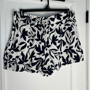 Floral Linen Shorts White Navy‎ Elastic Waist - Casual Summer - XL Tie Pockets